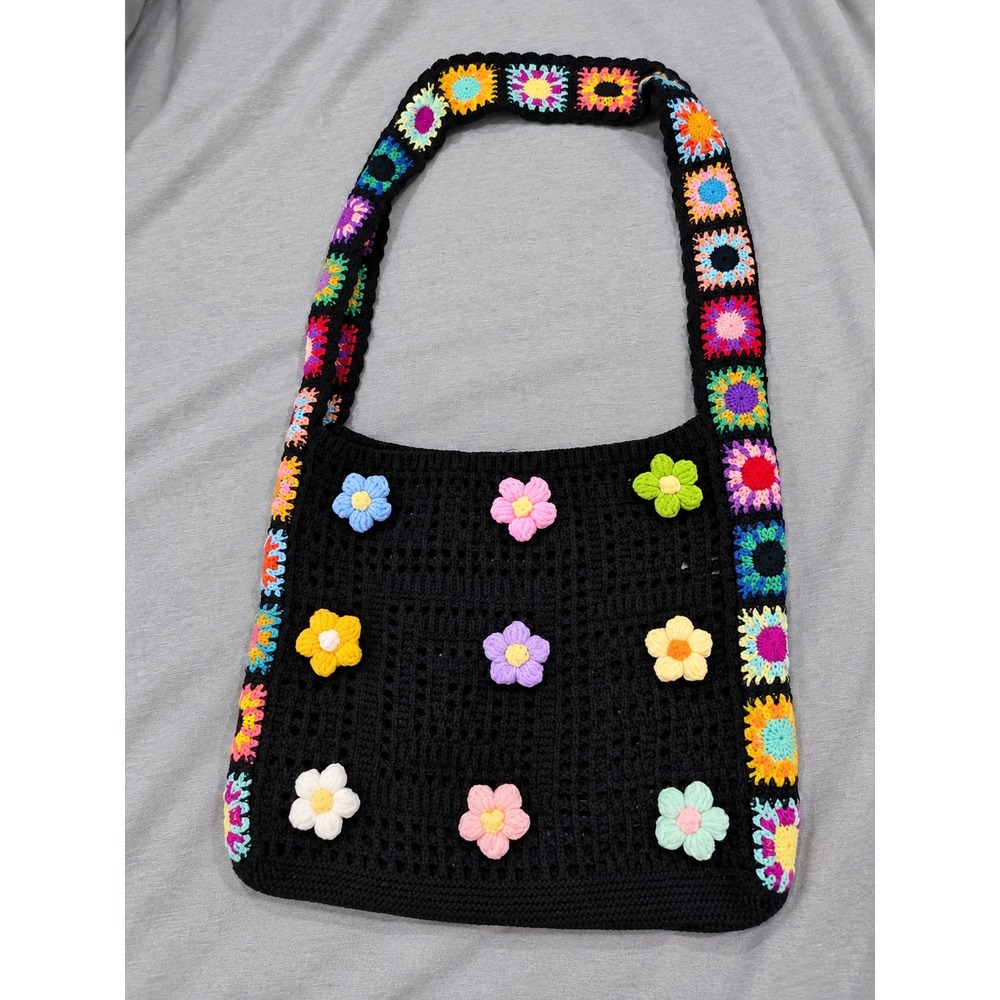 Handmade Crochet Floral Granny Square Shoulder Bag Black Multi Color Boho Retro
